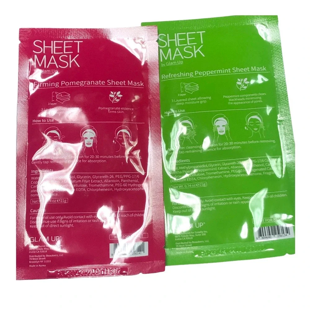 Glam Up Firming Pomegranate & Refreshing Peppermint Sheet‎ Masks New